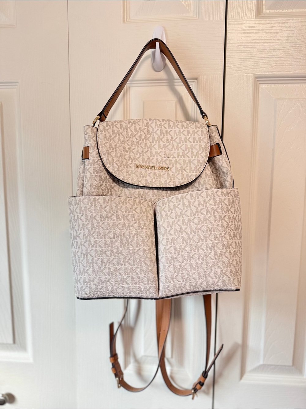 Michael Kors Cream/White MK Logo Backpack with Tan Trim